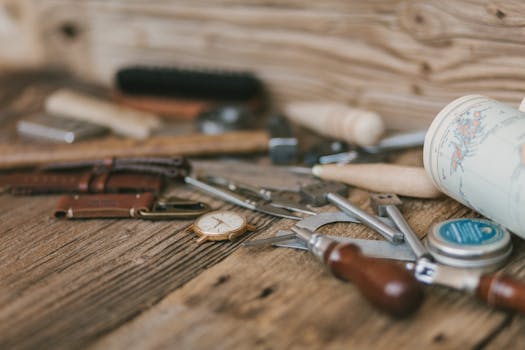 plumbing tools organized on a workbench